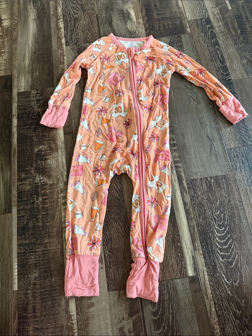 Peach Pink Kids Footed One-Piece Pajama with Sports Print‎
